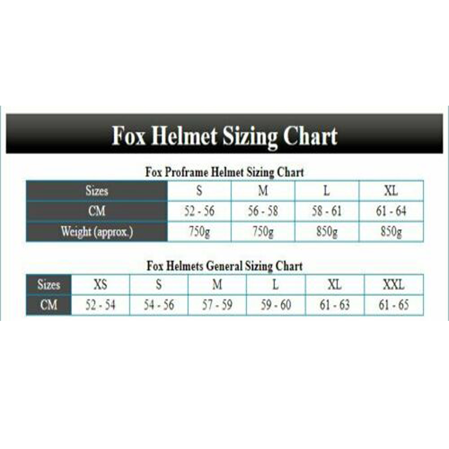 fox proframe helmet size chart