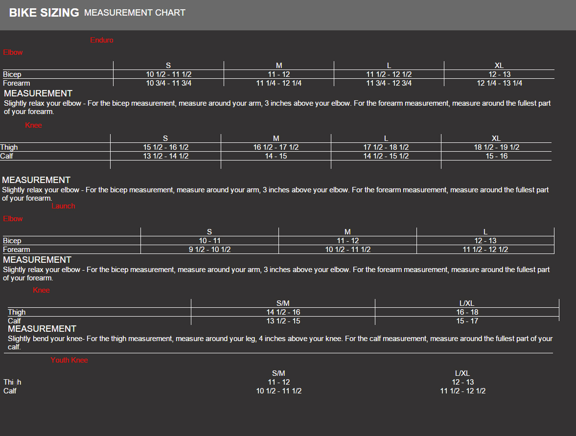 Fox Gear Sizing Chart