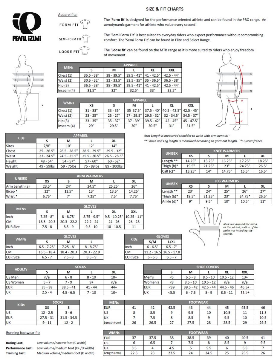 Pearl Izumi Arm Warmer Size Chart