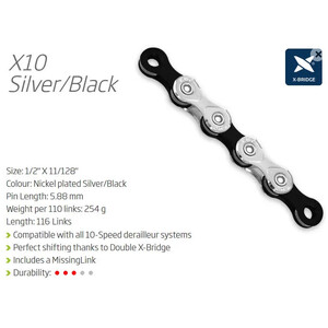 CHAIN - 10 Speed - KMC X10 - 116L - SILVER/BLACK - X-Series - w/Connect Link