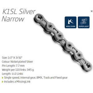 CHAIN - Single Speed - KMC K1SL - 112L - SILVER - w/Connect Link