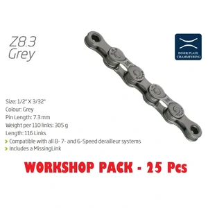 "NEW" - CHAIN WORKSHOP BOX - Includes 25 Chains - KMC Z8.3 - 6/7/8 Speed Chains - 116L - Grey (almost silver) - with Connect Link