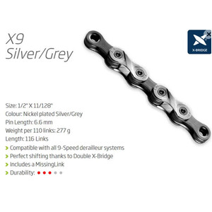 CHAIN - 9 Speed - KMC X9 - 116L - SILVER/GREY - w/Connect Link
