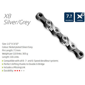 CHAIN - 6-8 Speed - KMC X8.93 - 116L - SILVER/GREY - w/Connect Link
