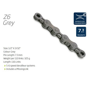 CHAIN - 5-6 Speed - KMC Z6 - 116L - GREY - w/Connect Link