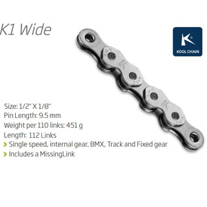 CHAIN - Single Speed - KMC K1 - 112L - SILVER - w/Connect Link, 1/2" x 1/8" x 112L