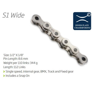 CHAIN - Single Speed-1/2 x 1/8 - KMC S1 - 112L - SILVER - (Chrome Look) - w/Connect Link