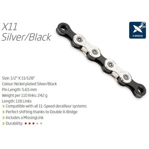 CHAIN - 11 Speed - KMC X11 - 118L - SILVER/BLACK - X-Series - w/Connect Link