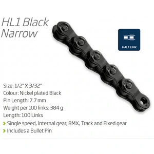 "NEW" - CHAIN - Single Speed - KMC HL1 Narrow - 100L - BLACK - w/Connect Pin - (Half Link Chain)