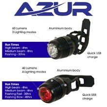 Azur Cyclops USB Rechargeable Front & Rear Bike Bicycle Light Set Alloy Body