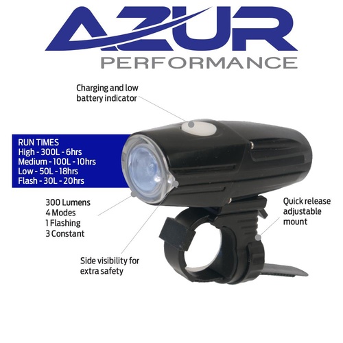Azur 300 Lumen USB Pro Rechargeable Front Bike Bicycle Light
