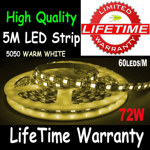 72W 5M 300 Leds 5050 Strip Light Lifetime Warranty WaterProof 12V Warm White 