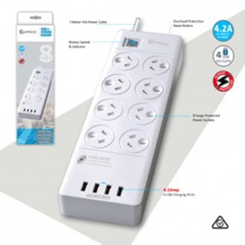 8 Way Power Board Outlets Socket 4 Usb Charging Charger Ports W/Surge Protector