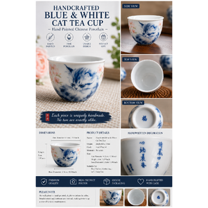jingdezhen Hand-painted Blue & White Porcelain Cat Tea Cup-“sleepy persian"with gift box