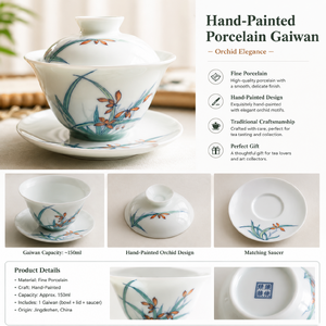 Hand-Painted Jingdezhen Orchid Gaiwan Tea Set – 3-Piece Porcelain Lidded Cup with Saucer, Collectible Art